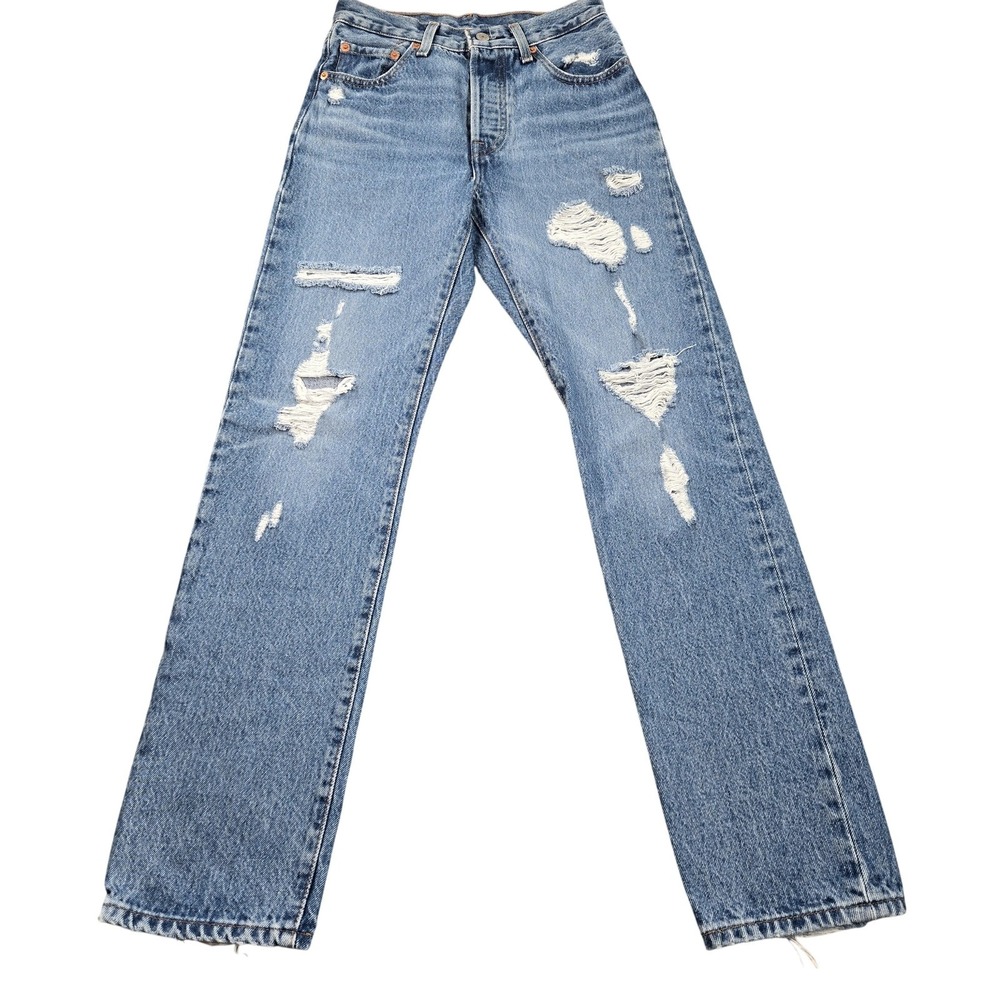 Levi's Premium Straight Jeans Womens W24 L30 Blue Med Wash Distressed Button Fly